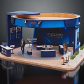 FUSALMO Blue Round Exhibition Booth With Wooden Interior Design People And Plants