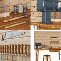 Wooden Workbench Setup With Hanging Tools Drill Press And Stool On Wooden Wall