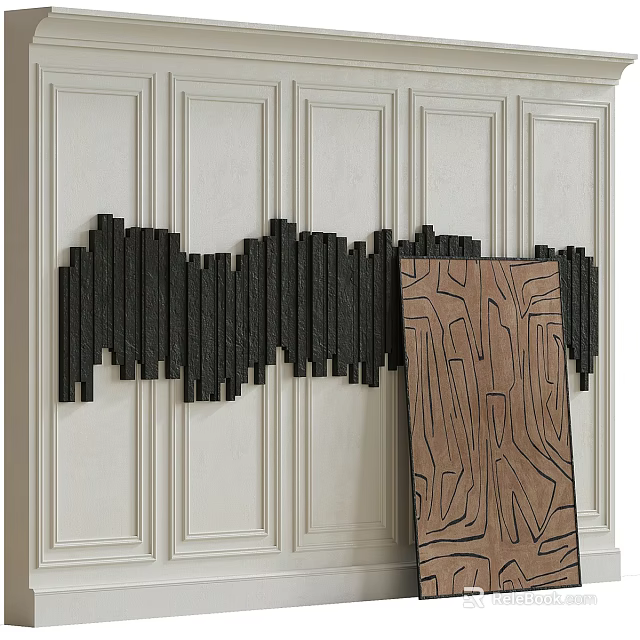 White Paneled Wall With Black Wavy Decor And Brown Artwork 3d model