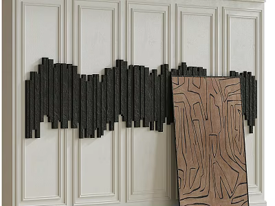 White Paneled Wall With Black Wavy Decor And Brown Artwork 3d model