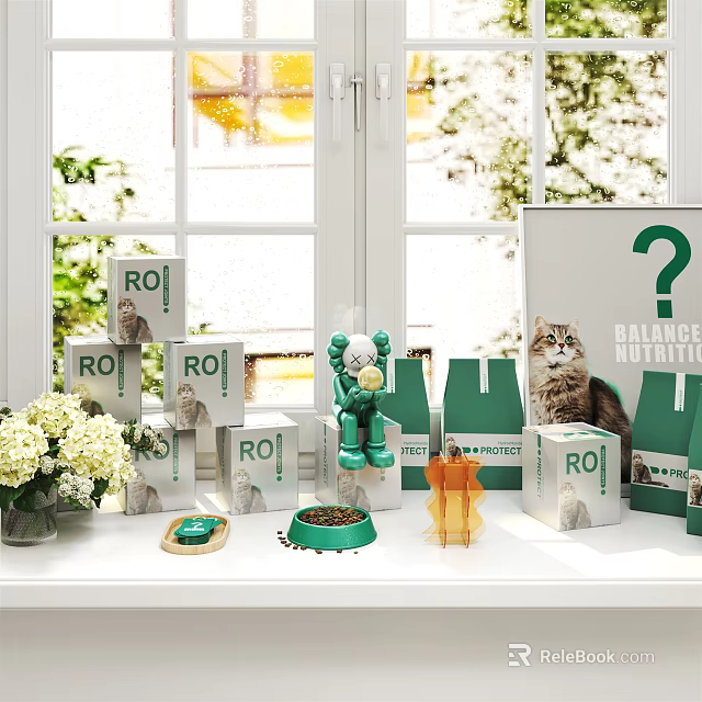Cat Accessories And ROI Product Boxes With Green Pet Bowl Cat Scratcher 3d model 