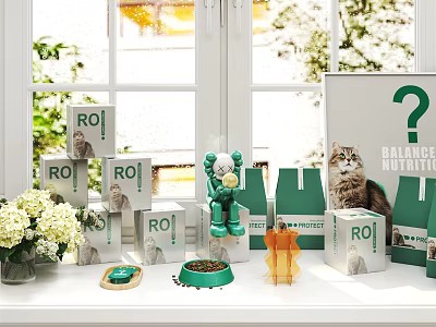Cat Accessories And ROI Product Boxes With Green Pet Bowl Cat Scratcher 3d model