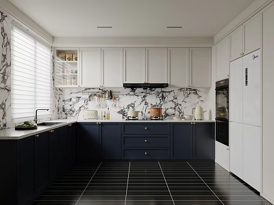 Modern Kitchen Interior With White Upper Cabinets Dark Lower Cabinets Marble Backsplash And Island Counter 3d model