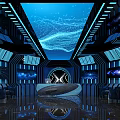 Futuristic KTV Interior Design With Blue Neon Lights Digital Wave Ceiling And Geometric Decor