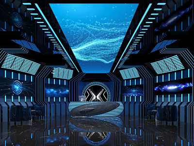 Futuristic KTV Interior Design With Blue Neon Lights Digital Wave Ceiling And Geometric Decor 3d model