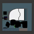 Futuristic Interior Design With Blue Walls Curved Windows Black Sofa And Colored Floor Mats