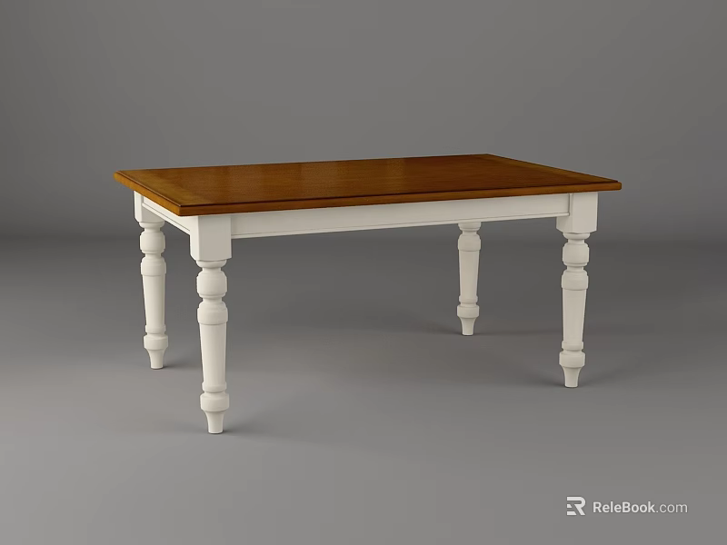 Classic Wooden Top Dining Table With Elegant White Turned Legs Design 3d model 