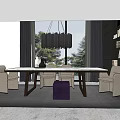 Modern Dining Table And Chairs Set With Large Windows Greenery View And Purple Ottoman 3d model