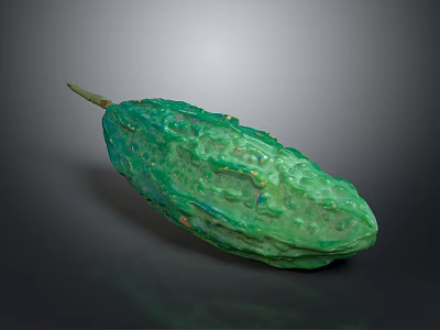 Fresh Green Bitter Melon Showing Raised Surface Texture and Slender Shape with Brown Stem 3d model