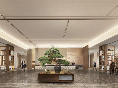 Luxurious Hotel Lobby Interior With Pine Bonsai Marble Flooring And Reception Desk 3d model