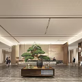 Luxurious Hotel Lobby Interior With Pine Bonsai Marble Flooring And Reception Desk