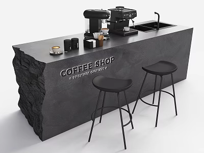 Stylish Coffee Shop Bar Counter With Coffee Machine Cups Fresh Brew And Black Stools 3d model