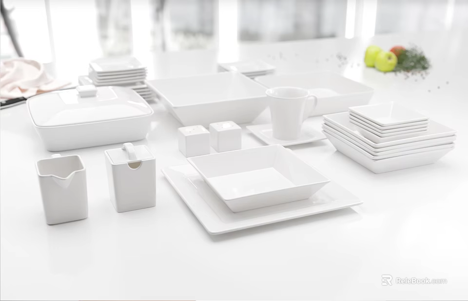 White Modern Dinnerware Set With Ceramic Plates Bowls Cups And Square Dishes 3d model 