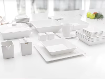 White Modern Dinnerware Set With Ceramic Plates Bowls Cups And Square Dishes 3d model