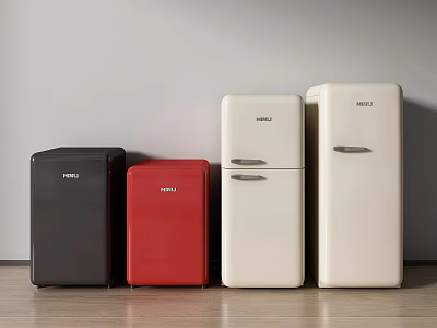 Stylish PEL Black Red And White Refrigerators Side By Side In Modern Interior 3d model