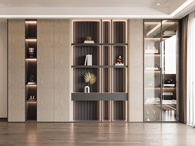 Stylish Modern Interior Decorative Cabinet With Glass Doors Layered Shelves And Built in Lights 3d model