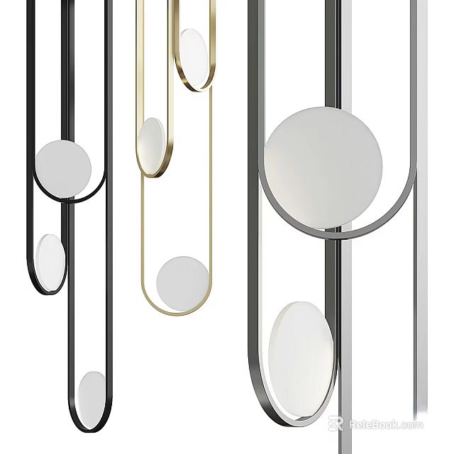 Modern Interior Chandelier with Black Gold Metal Frames and Circular White Shades 3d model 