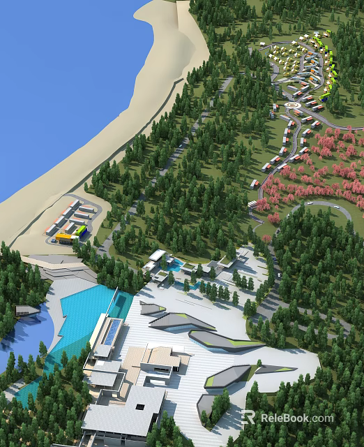 Scenic Park Landscape with Lush Green Trees Pink Flowering Plants Blue Water and Winding Pathways 3d model 