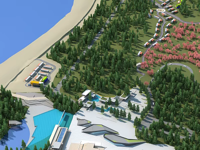 Scenic Park Landscape with Lush Green Trees Pink Flowering Plants Blue Water and Winding Pathways 3d model