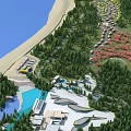 Scenic Park Landscape with Lush Green Trees Pink Flowering Plants Blue Water and Winding Pathways