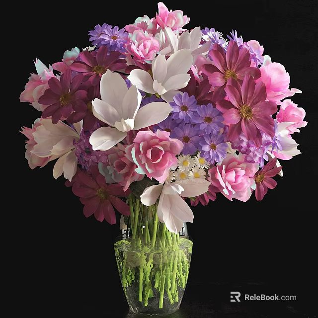 Beautiful Floral Arrangement in Transparent Glass Vase with Pink Purple White Flowers 3d model 