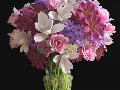 Beautiful Floral Arrangement in Transparent Glass Vase with Pink Purple White Flowers 3d model
