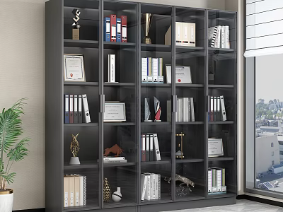 Black Decorative Cabinet With Multiple Shelves Displaying Books Trophies Certificates And Decor Items 3d model