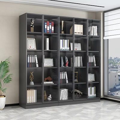 Black Decorative Cabinet With Multiple Shelves Displaying Books Trophies Certificates And Decor Items 3d model