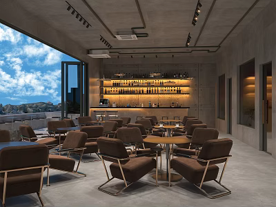 Modern Industrial Café Interior With Brown Chairs Round Tables Bar Counter And Mountain View Windows 3d model
