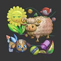 Cute Sheep Puppy and Bird with Sunflower Colorful Balls Leaves and Bell in Playful Scene