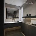 Modern Bathroom Interior Design With Gray Cabinets Glass Shower Partition Lighting Strips and Vanity