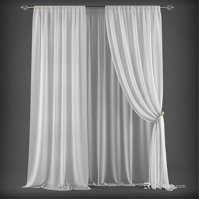 White Sheer Curtains With Flowing Fabric And Elegant Tieback Design 3d model 