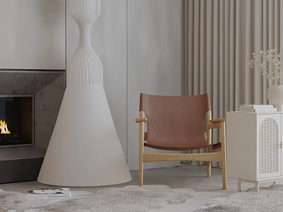 Brown Leather Leisure Chair With Wooden Armrests In Modern Interior Fireplace Floor Lamp And Curtains 3d model