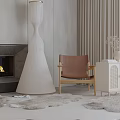 Brown Leather Leisure Chair With Wooden Armrests In Modern Interior Fireplace Floor Lamp And Curtains