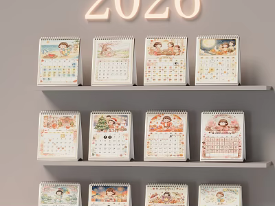 Decorative Ornament Set Featuring 2020 Neon Light Multi Layer Shelf And Cartoon Pattern Desk Calendars 3d model