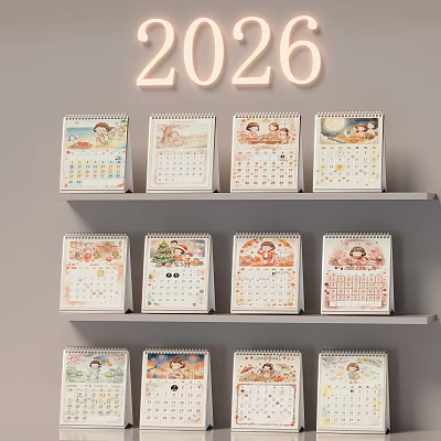 Decorative Ornament Set Featuring 2020 Neon Light Multi Layer Shelf And Cartoon Pattern Desk Calendars 3d model
