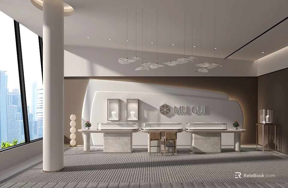 Modern Open Jewelry Store Interior Featuring White Marble Counters Chandeliers And Floor To Ceiling Windows 3d model 