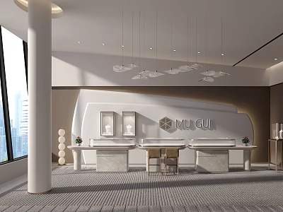 Modern Open Jewelry Store Interior Featuring White Marble Counters Chandeliers And Floor To Ceiling Windows 3d model