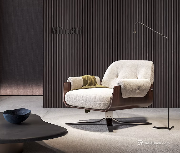 Minotti White Cushioned Lounge Chair With Wooden Arms Floor Lamp And Black Side Table 3d model 
