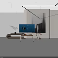 Modern Living Room Smart TV On Wooden Stand With Abstract Art And Green Plant