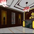 Traditional Chinese Clubhouse With Lotus Decor Wooden Walls Warm Lighting Murals And Reception Desk