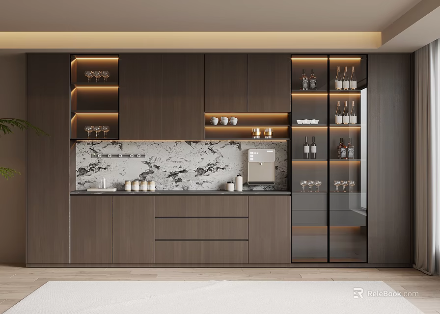 Elegant Modern Wine Cabinet With Glass Doors Marble Backsplash And Storage Shelves 3d model 