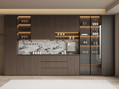Elegant Modern Wine Cabinet With Glass Doors Marble Backsplash And Storage Shelves 3d model