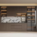 Elegant Modern Wine Cabinet With Glass Doors Marble Backsplash And Storage Shelves