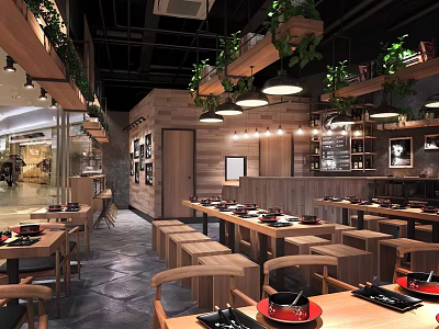 Modern Restaurant Interior With Wooden Tables Chairs Hanging Plants And Pendant Lights 3d model