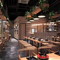 Modern Restaurant Interior With Wooden Tables Chairs Hanging Plants And Pendant Lights