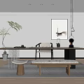 Minimalist Modern Tea Room With Long Table Chair Green Plant Wall Art And Hanging Lamp