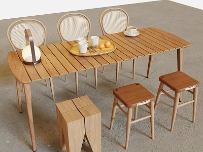 Wooden Outdoor Table with Rattan Chairs Tray Fruits Cups and Stools 3d model