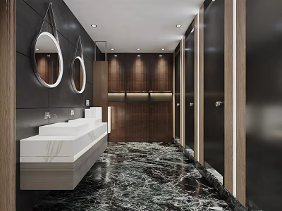 Modern Public Restroom Interior Design With Marble Floor White Sink Round Mirrors And Stalls 3d model