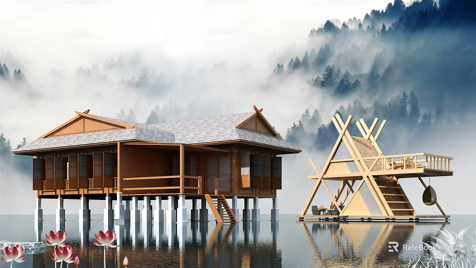 Detached Wooden Villa by the Water with Surrounding Forests Misty Atmosphere and Lotus Flowers 3d model 